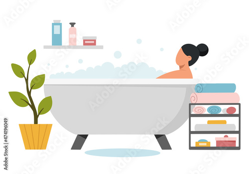 Woman taking a bubble bath in cozy bathroom. Concept of relaxation, leisure and rest. Hygiene and beauty. Flat vector illustration on white background.