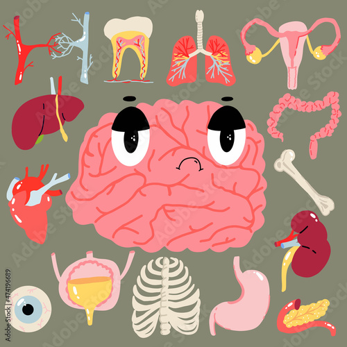 Psychosomatics concept, vector illustration in flat style. Human organs set, anotomy.