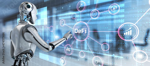 DeFi Decentralised Finance crypto currency digital money concept on virtual screen. 3d render robot pressing button.
