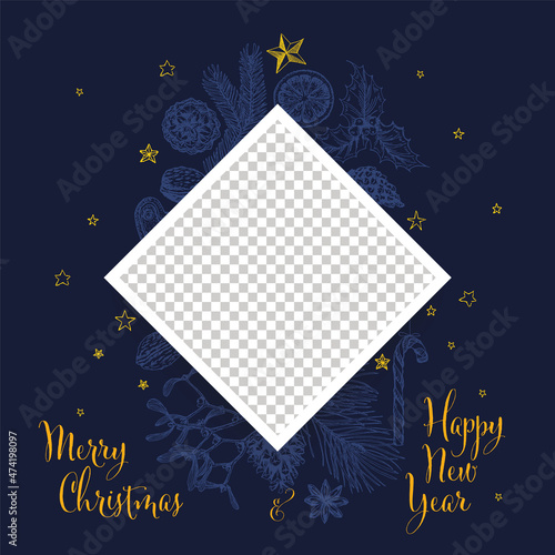 Christmas dark blue family photo card layout template with christmas elements