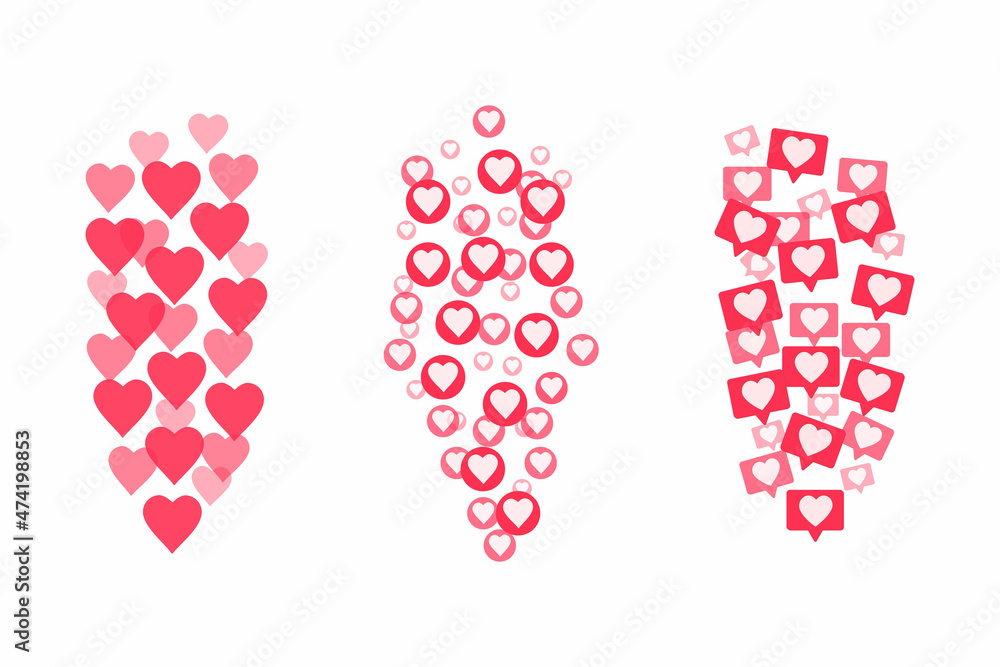 Flying red hearts on a white background. Blogging. Stream. Likes online. Social media concept. Flying red hearts on a white background. Blogging. Stream. Likes online. Social media concept.