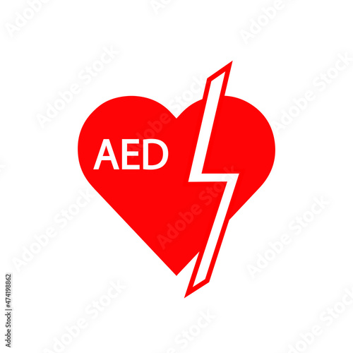 AED,automated external defibrillator / aed sign with heart and electricity symbol flat vector icon	