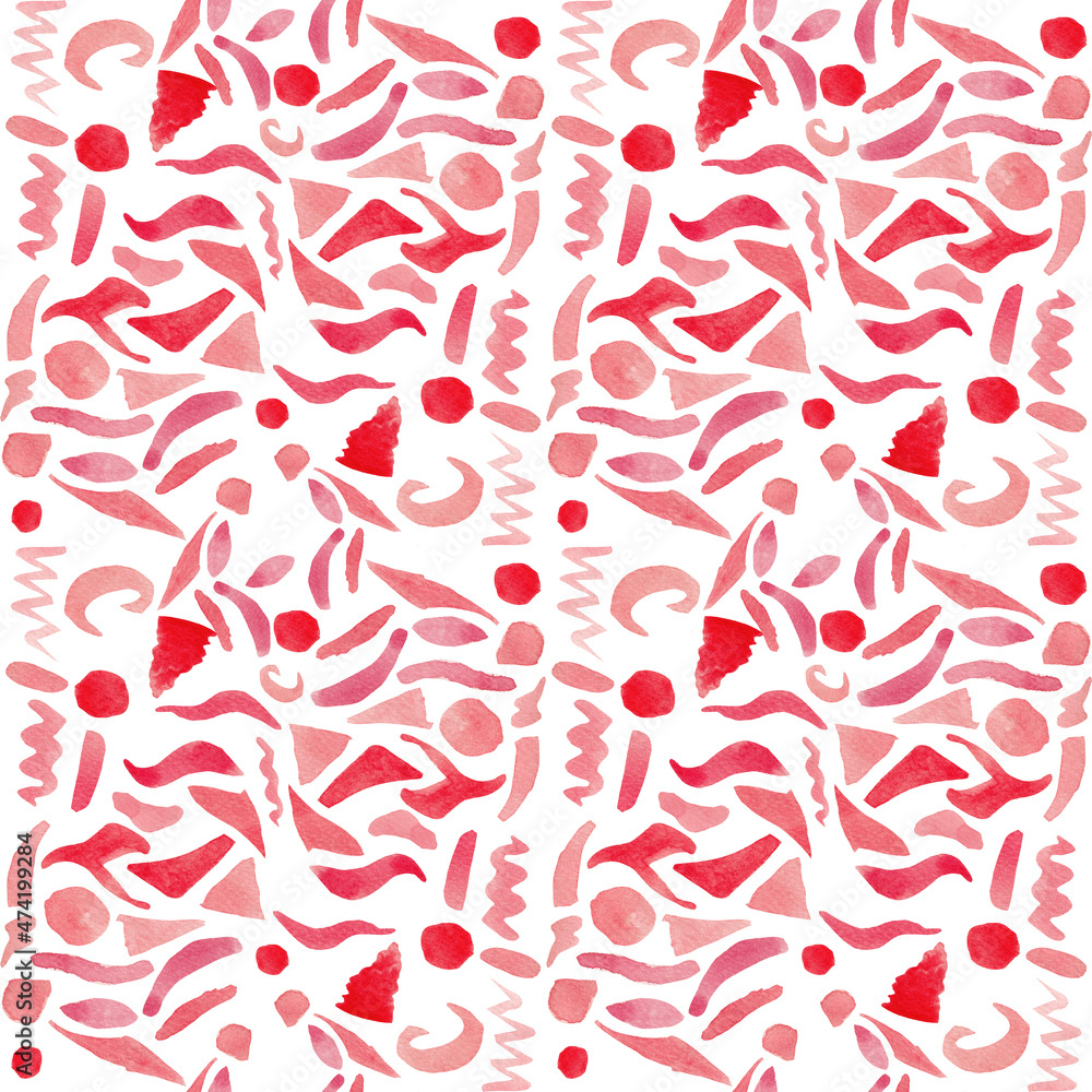 Watercolor seamless pattern, abstract red geometric elements on a white background. Pattern for paper, fabric, various products, etc.