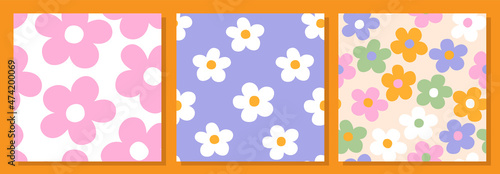 Set of three abstract square seamless patterns with vintage groovy daisy flowers. Retro floral vector background surface design, textile, stationery, wrapping paper, covers. 60s, 70s, 80s style