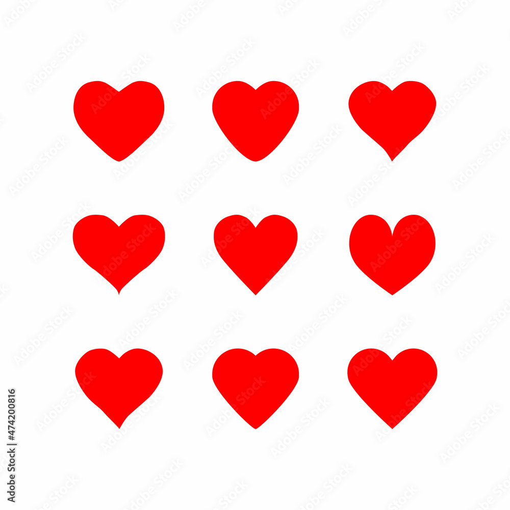 Set of red hearts icons. Design element for Valentines Day, wedding, birthday card etc. Heart icon collection, love symbols. Vector