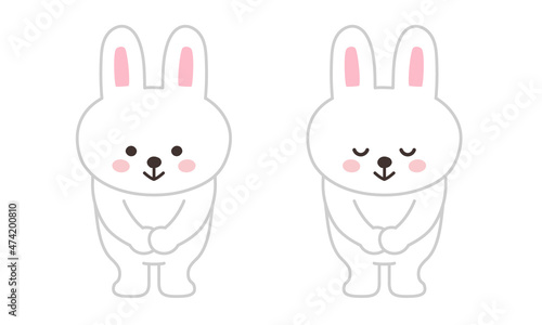 Set of rabbit bowing to someone. Vector illustration isolated on a white background.