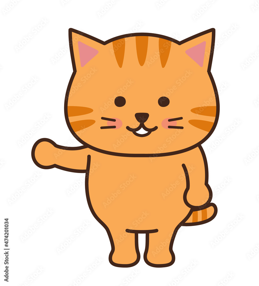Tabby cat introduces something. Vector illustration isolated on a white background. Tabby cat introduces something. Vector illustration isolated on a white background.