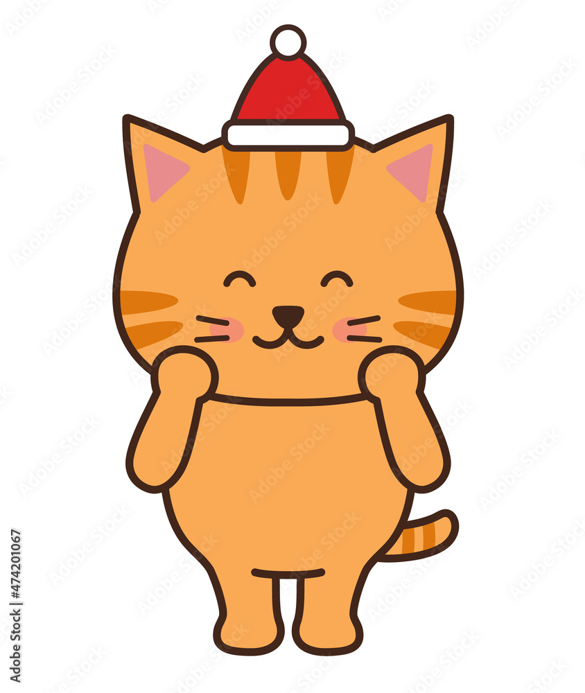 Tabby cat wearing a Santa hat happily. Vector illustration isolated on a white background. Tabby cat wearing a Santa hat happily. Vector illustration isolated on a white background.