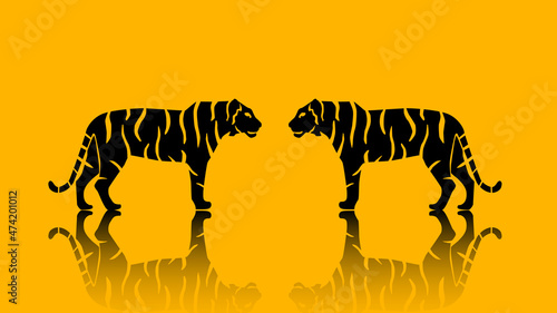 Big tigers set. Collection of portraits of predatory wild cats. Illustration of standing tigers with reflection. Vector illustration