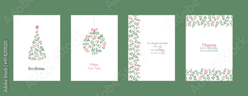 Merry Christmas and Happy New Year Set of backgrounds, greeting cards, posters, holiday covers. Christmas tree, balls, stars, sequins and elegant lettering. Trendy templates