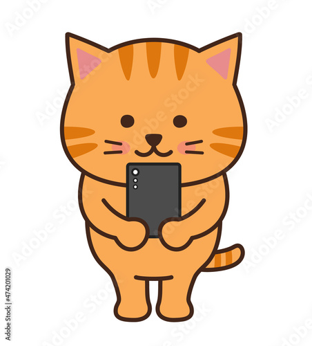 Tabby cat with a smartphone. Vector illustration isolated on a white background.