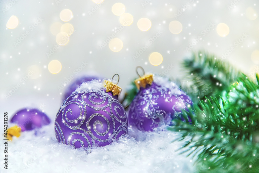 Christmas cards with snow and decor. very peri, Color of the year, 2022, blue, purple, Selective focus.