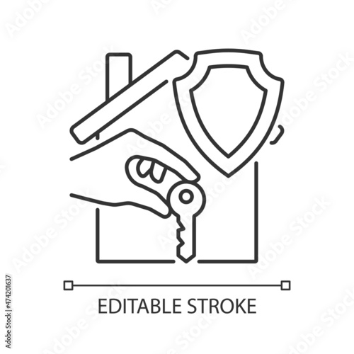 Renters insurance case linear icon. Tenant policy. Protection of belongings. Thin line customizable illustration. Contour symbol. Vector isolated outline drawing. Editable stroke. Arial font used