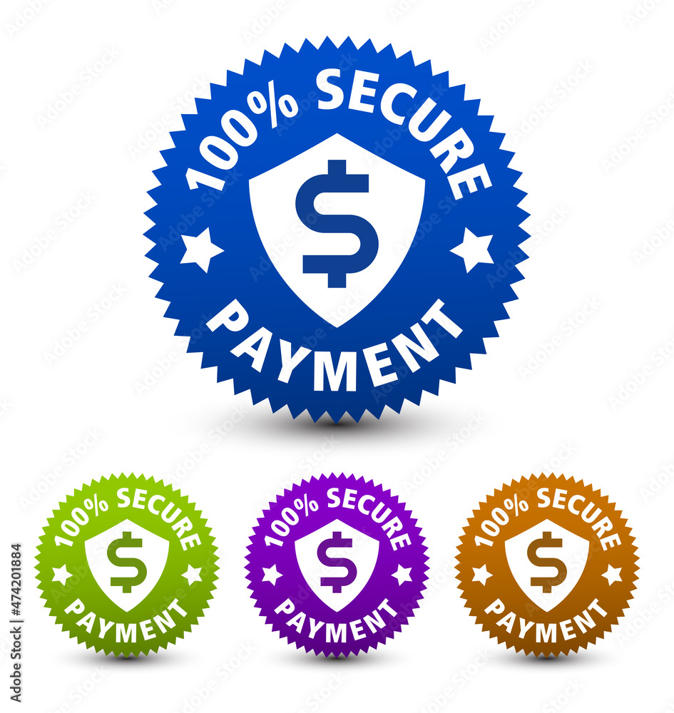 100% secure payment 4 colored badges, icons, insignia, seal. vector illustration.
100% secure payment 4 colored badges, icons, insignia, seal. vector illustration.