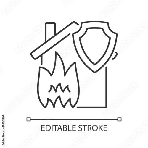 Fire home insurance linear icon. Protection from fire. Support at fire accident. Thin line customizable illustration. Contour symbol. Vector isolated outline drawing. Editable stroke. Arial font used
