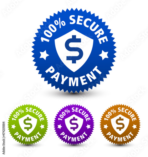 100% secure payment 4 colored badges, icons, insignia, seal. vector illustration.
