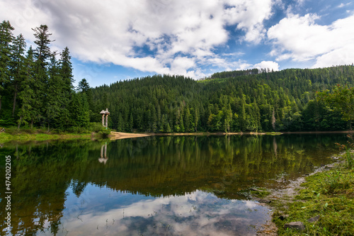 landscape with calm lake in summer. forest reflection in the water. beautiful travel background of synevyr national park, ukraine. tranquil green nature scenery. sunny outdoor environment © Pellinni