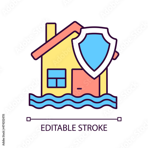 Flood insurance RGB color icon. Protect property from disaster. Insurance at accident caused of weather. Isolated vector illustration. Simple filled line drawing. Editable stroke. Arial font used