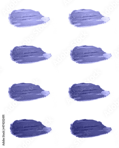 Lipstick cosmetics on white background isolate. very peri, Color of the year, 2022, blue, purple, Selective focus.