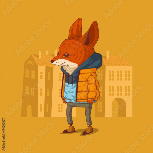 Vector illustration of cool humanized hipster fox. Calm fennec wearing a hoody and down jacket standing still against buildings' silhouettes. Anthropomorphic fox. Animal character with human body