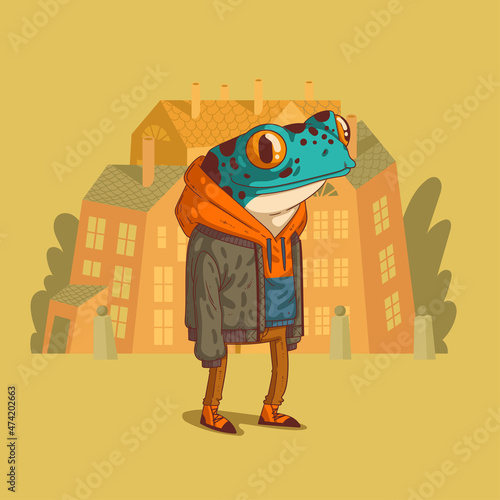 A hipster frog. Vector illustration of a frog with turquoise skin wearing a hoody and oversize jacket standing against buildings' silhouettes. Anthropomorphic frog. Animal character with human body