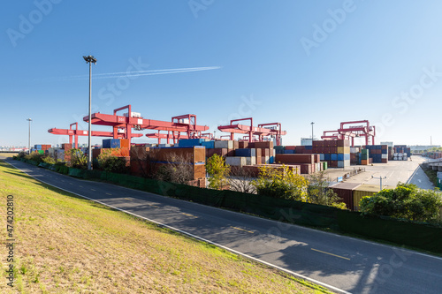 inland container yard against a blue sky