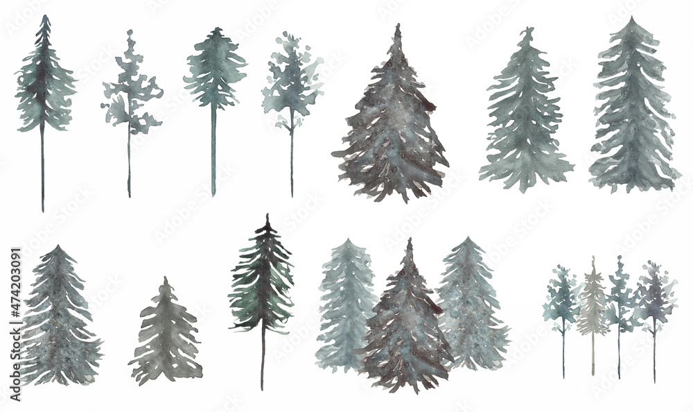 Forest tree Clipart set, Watercolor Woodland trees illustration, Winter Foggy landscapes, Pine forest,  Wedding invites, card making, logo