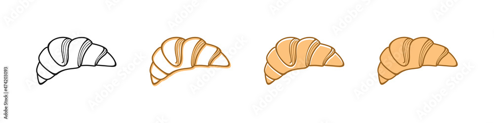 Obraz premium Croissants isolated on a white background. French pastry. Vector icon set, sign for bakery, store, cafe, packaging, wrapper, signboard, emblem, logo, printing on paper, fabric or menu. Design template