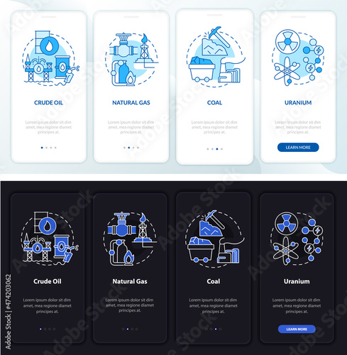 Limited sources onboarding mobile app page screen. Ecology walkthrough 4 steps graphic instructions with linear concepts. UI, UX, GUI template. Night and day mode. Myriad Pro-Bold, Regular fonts used