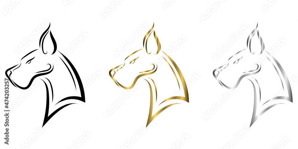 Black gold and silver line art of Great Dane dog head. Good use for symbol, mascot, icon, avatar, tattoo, T Shirt design, logo or any design you want. - obrazy, fototapety, plakaty 