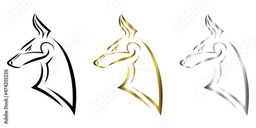 Black gold and silver line art of Doberman Pinscher dog head. Good use for symbol, mascot, icon, avatar, tattoo, T Shirt design, logo or any design you want.