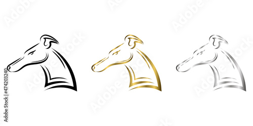Black gold and silver line art of Greyhound dog head. Good use for symbol, mascot, icon, avatar, tattoo, T Shirt design, logo or any design.