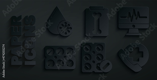 Set Pills in blister pack, Monitor with cardiogram, Emergency phone call hospital, X-ray shots and Blood test and virus icon. Vector