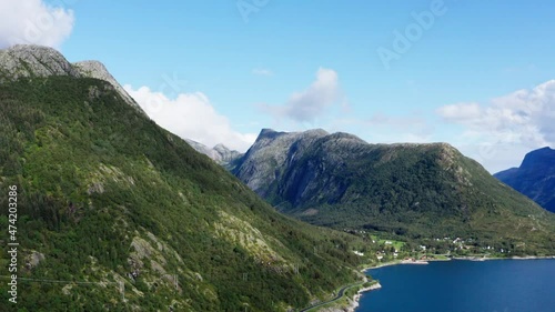Norwegian Scenic Route Helgelandskysten Along The Fjords And Mountains. aerial photo