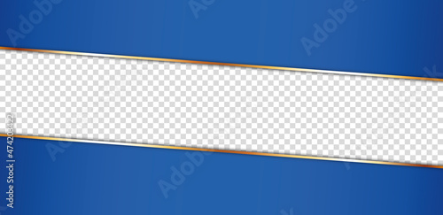 long blue ribbon banner with gold frame with transparent place