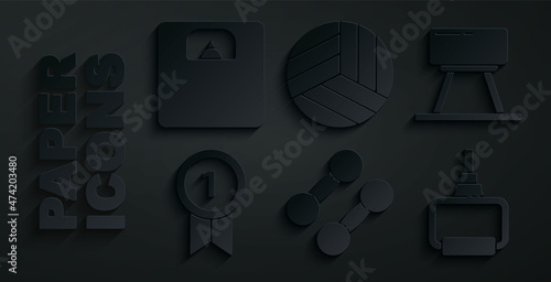 Set Dumbbell, Pommel horse, Medal, TPX loop training equipment, Volleyball ball and Bathroom scales icon. Vector