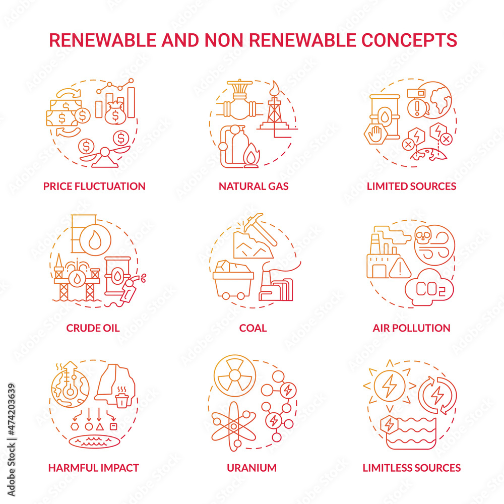 Renewable and non renewable energy red gradient icons set. Types of power resources idea thin line color illustrations. Isolated outline drawings. Roboto-Medium, Myriad Pro-Bold fonts used Renewable and non renewable energy red gradient icons set. Types of power resources idea thin line color illustrations. Isolated outline drawings. Roboto-Medium, Myriad Pro-Bold fonts used