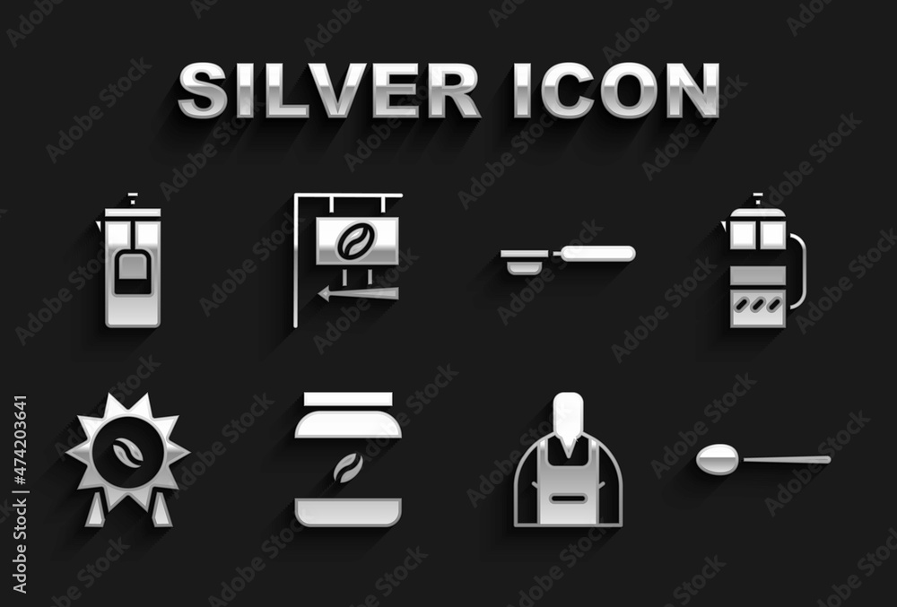 Set Coffee jar bottle, French press, Spoon, Barista, Medal for coffee, filter holder, and Street signboard icon. Vector Set Coffee jar bottle, French press, Spoon, Barista, Medal for coffee, filter holder, and Street signboard icon. Vector