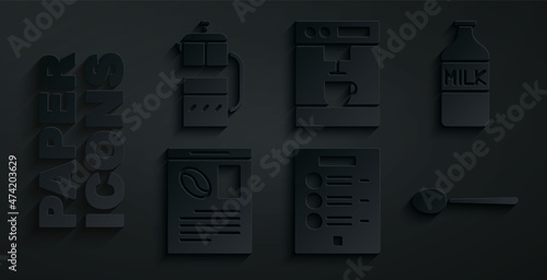 Set Coffee menu, Bottle with milk, Newspaper and coffee, Spoon, machine and French press icon. Vector