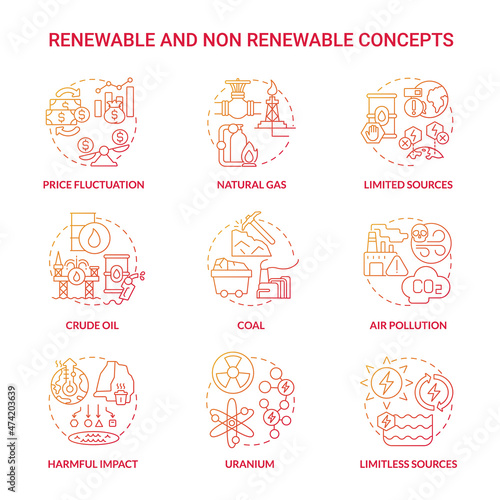 Renewable and non renewable energy red gradient icons set. Types of power resources idea thin line color illustrations. Isolated outline drawings. Roboto-Medium, Myriad Pro-Bold fonts used
