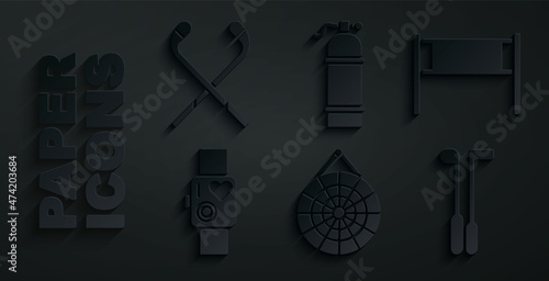 Set Classic dart board, Volleyball net, Smart watch showing heart beat rate, Golf club, Aqualung and Ice hockey sticks icon. Vector