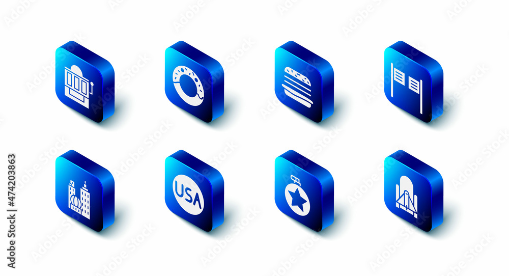 Set Donut, Burger, Saloon door, Rocket launch from the spaceport, Canteen water bottle, USA label, City landscape and Slot machine icon. Vector Set Donut, Burger, Saloon door, Rocket launch from the spaceport, Canteen water bottle, USA label, City landscape and Slot machine icon. Vector