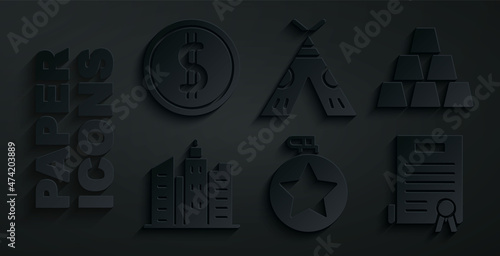 Set Canteen water bottle, Gold bars, City landscape, Declaration of independence, Indian teepee or wigwam and Coin money with dollar icon. Vector