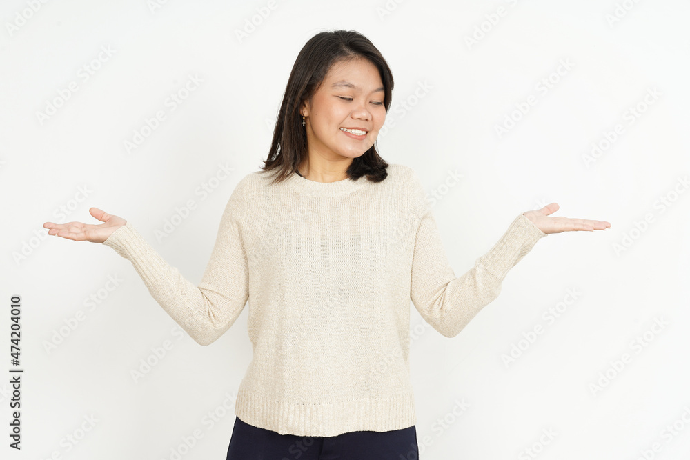 Showing two product on empty palm of Beautiful Asian Woman Isolated On White Background Showing two product on empty palm of Beautiful Asian Woman Isolated On White Background