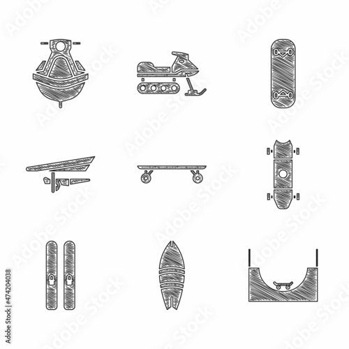 Set Longboard or skateboard, Surfboard, Skate park, Ski and sticks, Hang glider, Skateboard trick and Jet ski icon. Vector