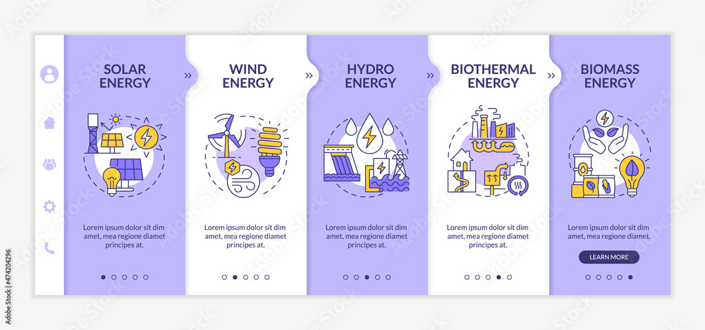 Limitless energy sources onboarding template. Renewable clean power. Responsive mobile website with linear concept icons. Web page walkthrough 4 step screens. Lato-Bold, Regular fonts used