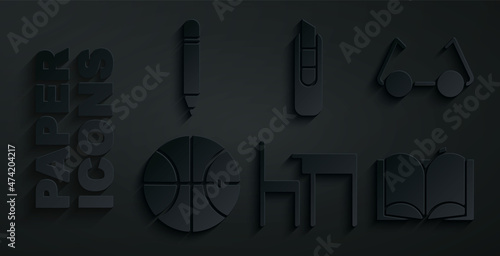 Set School table and chair, Glasses, Basketball ball, Open book, Stationery knife and Pencil with eraser icon. Vector