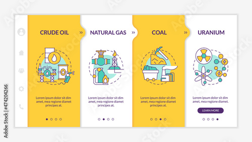 Limited energy sources onboarding template. Nonrenewable fossil fuel. Responsive mobile website with linear concept icons. Web page walkthrough 4 step screens. Lato-Bold, Regular fonts used