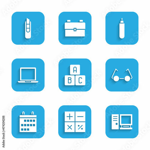 Set ABC blocks, Calculator, Computer monitor, Glasses, Calendar, Laptop, Marker pen and Stationery knife icon. Vector
