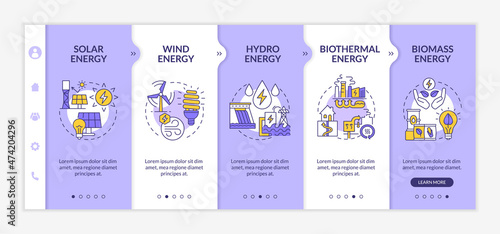 Limitless energy sources onboarding template. Renewable clean power. Responsive mobile website with linear concept icons. Web page walkthrough 4 step screens. Lato-Bold, Regular fonts used